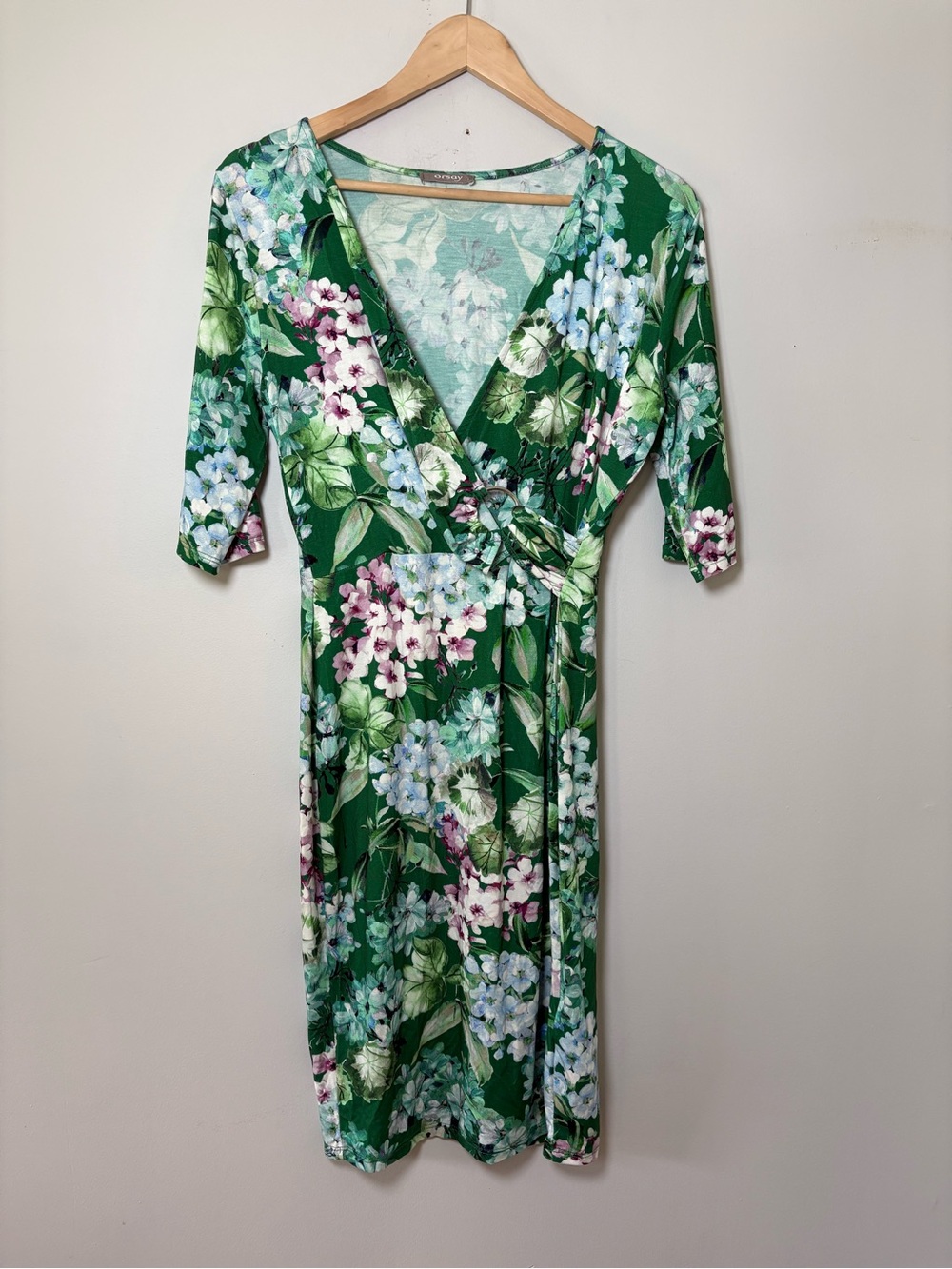 Orsay Vibrant Green Floral Faux-Wrap Jersey Dress - Euro 40 / US M